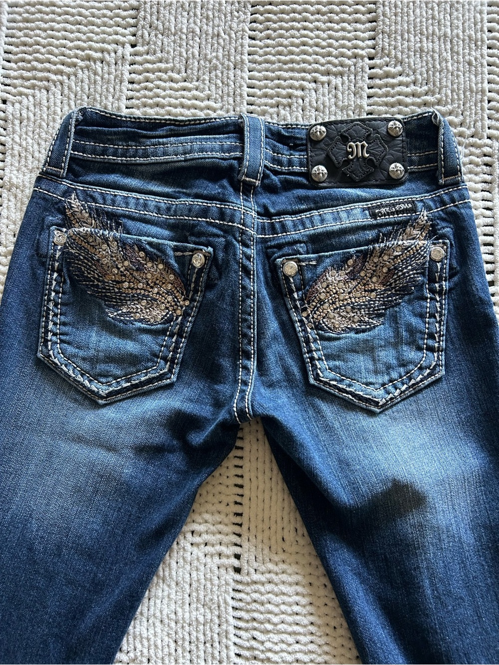 Vintage Y2K Miss Me Blue Denim Boot Cut Jeans with Embellished Wing Pockets